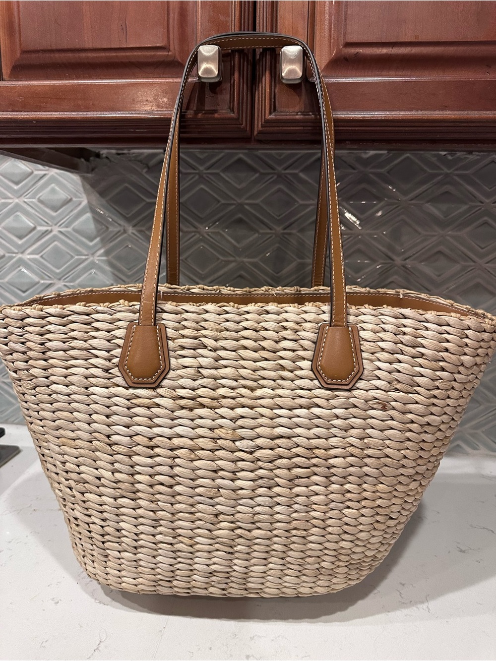 Michael Kors Straw Tote with Teal & Green Leaf Embroidery - Picture 2 of 7